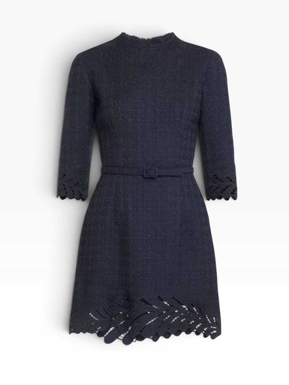 Oscar de la Renta Fern Embroidered Belted Tweed Mini Dress Navy P24 Size 6